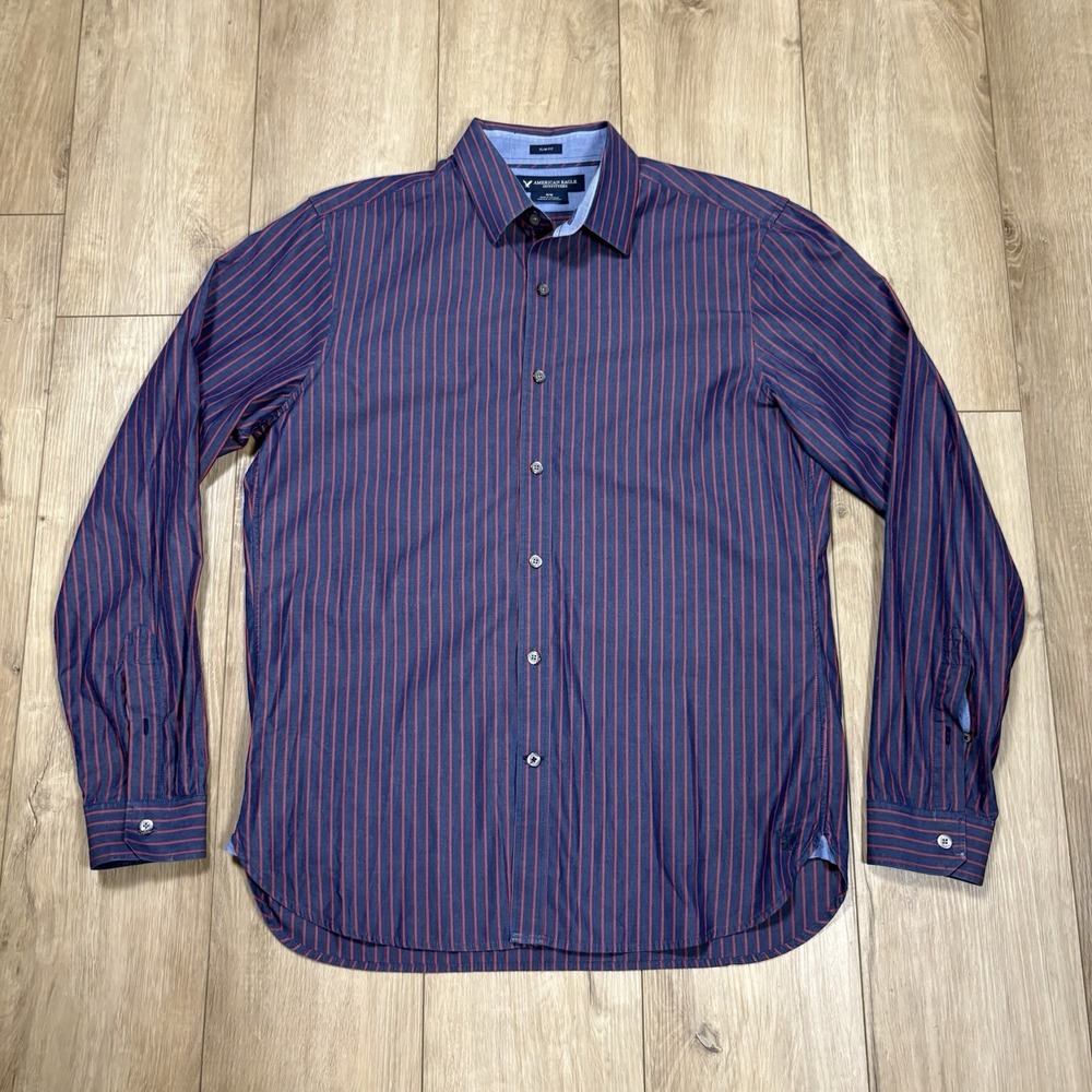 American Eagle Shirt Mens Medium Slim Fit Blue Red Striped Long Sleeve Button Up